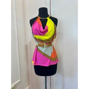 Trina Turk Halter Blouse Brass Hadware Pink Orange Tie Back Top